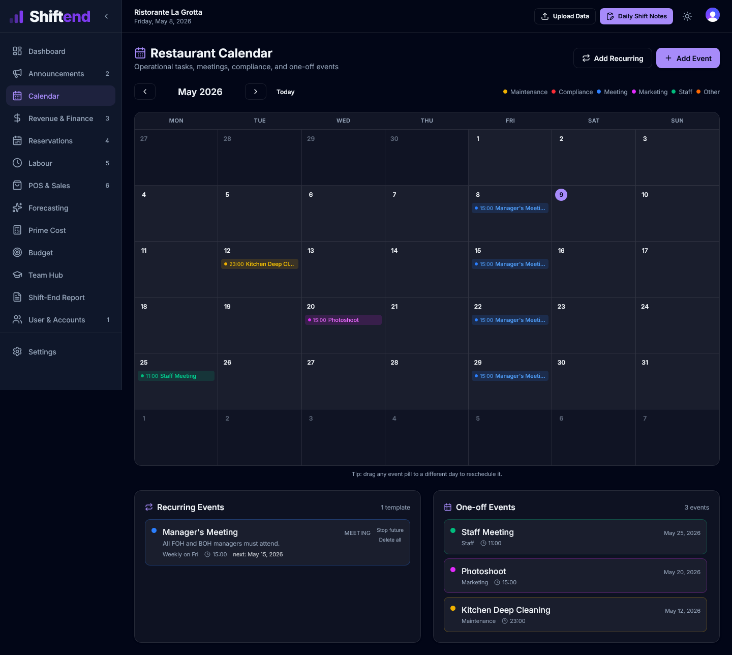 Calendar — events, closures, holidays